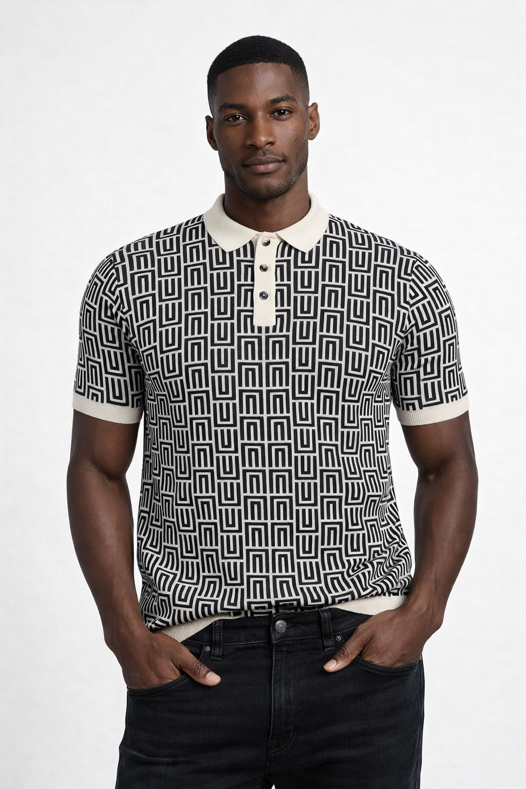 AT Bennett | Black & Cream Sweater Knit Polo
