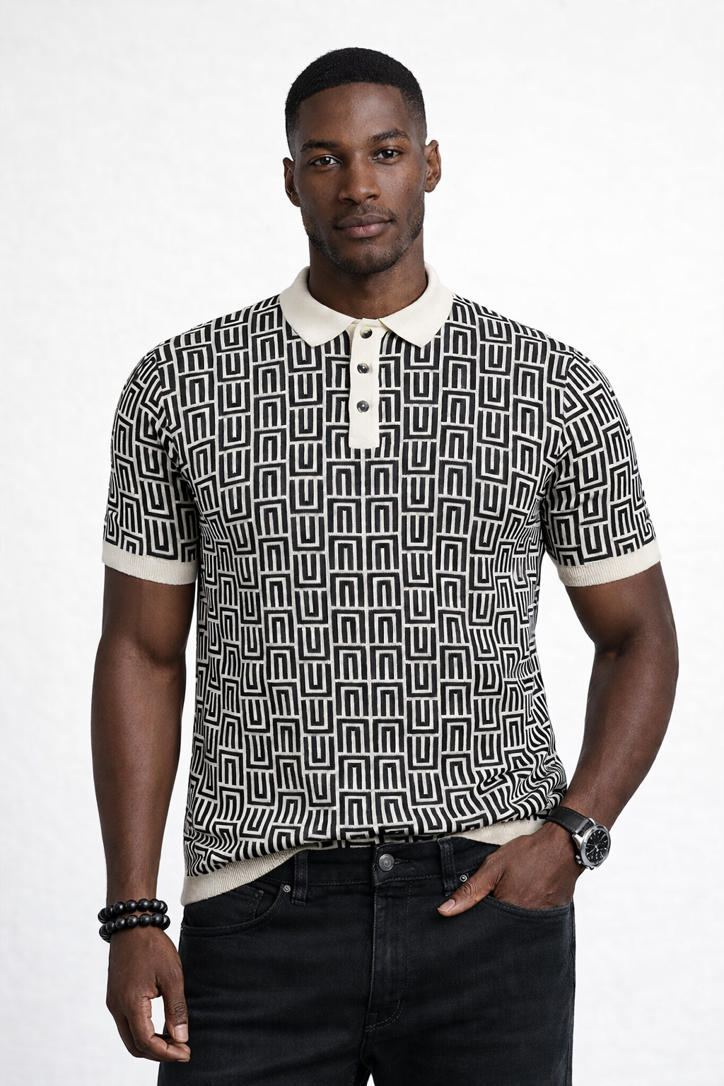 AT Bennett | Black & Cream Sweater Knit Polo
